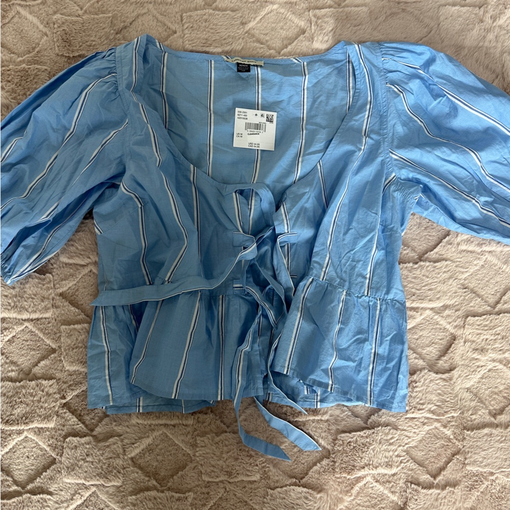 American Eagle Outfitters Light Blue Blouse with White Stripes
